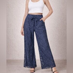 0208.Elegant Navy Lace Wide-Leg Pants